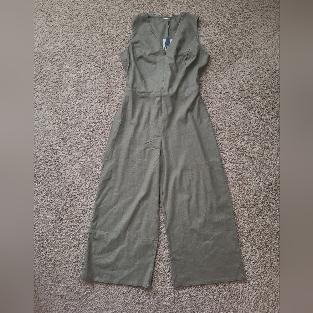 Tahari Olive Sleeveless Wide-Leg Linen Jumpsuit